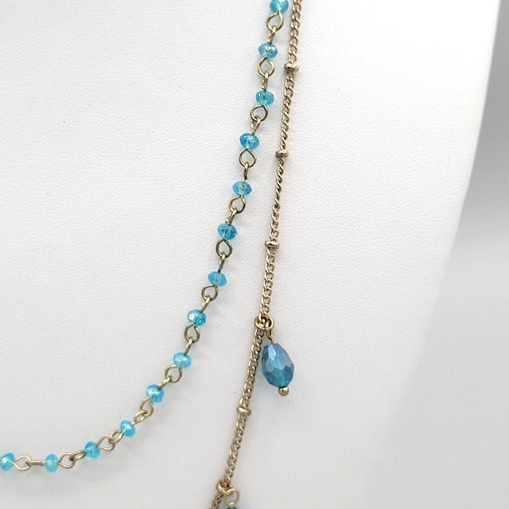 Womens Gold Tone Double Strand Layered Necklace Blue Charm Beads 17 in - Picture 6 of 8